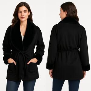 Portrait Black Faux Fur Shawl Collar Belted Jacket Women’s Size 4 Vintage Cozy